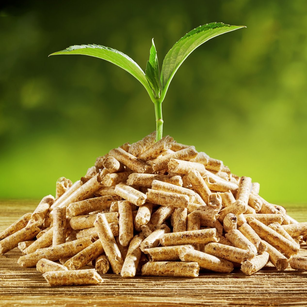Seedling sprouting from a pile of wood pellets